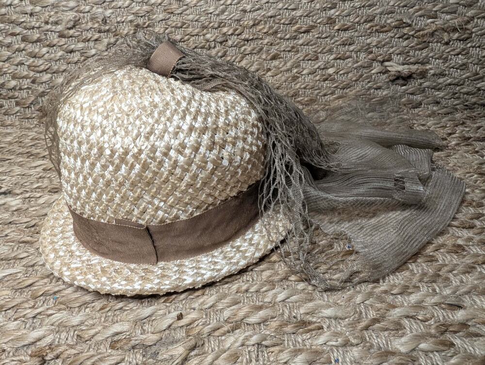 Vintage Boater Bucket Brown Straw Sun Hat Womens Union Made USA 50s Derby Adult